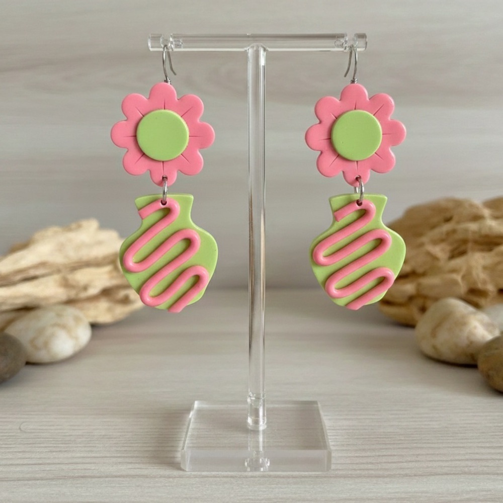 Flowerpot Dangle - Handmade Earrings - Pink & Green
